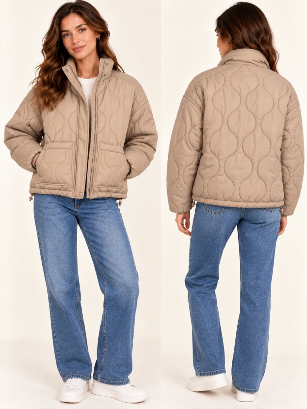 Abercrombie & Fitch Quilted Oversized Utility Liner Beige Tan Jacket Puffer Coat